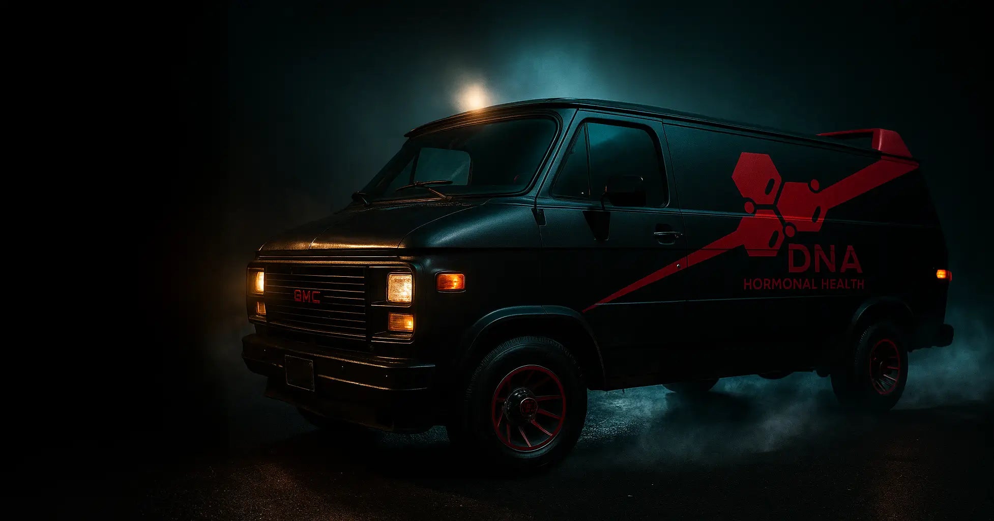 Cinematic A-Team–style black GMC van with red DNA Hormonal Health branding and logo on the side, parked in dramatic smoky lighting, representing the A-Team of natural testosterone supplements for men.
