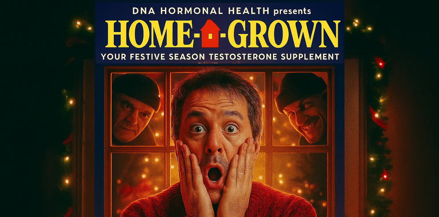 Middle-aged man in a Christmas-themed parody poster holding his cheeks in a shocked scream pose, with festive lighting and humorous burglars in the background, symbolising daily testosterone production and men’s hormonal health.