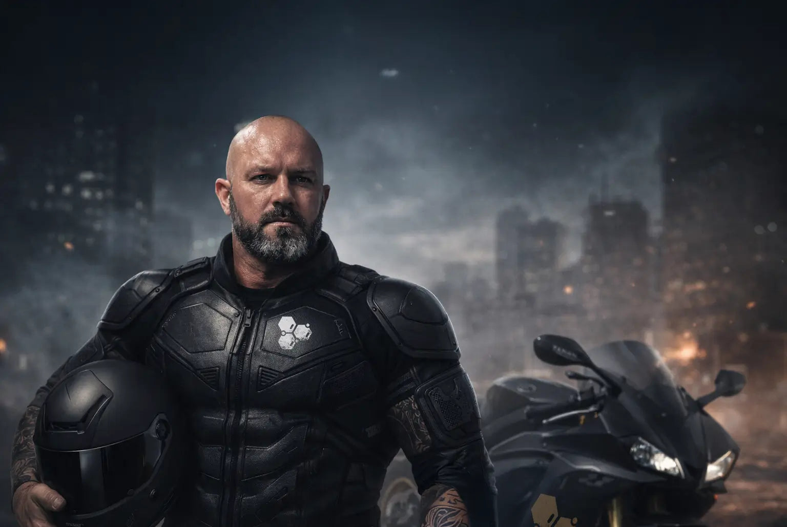 Founder of DNA Hormonal Health wearing protective motorcycle gear beside a sport bike, symbolising strength, resilience and the creation of Silverback, a natural testosterone and andropause support supplement for men over 40