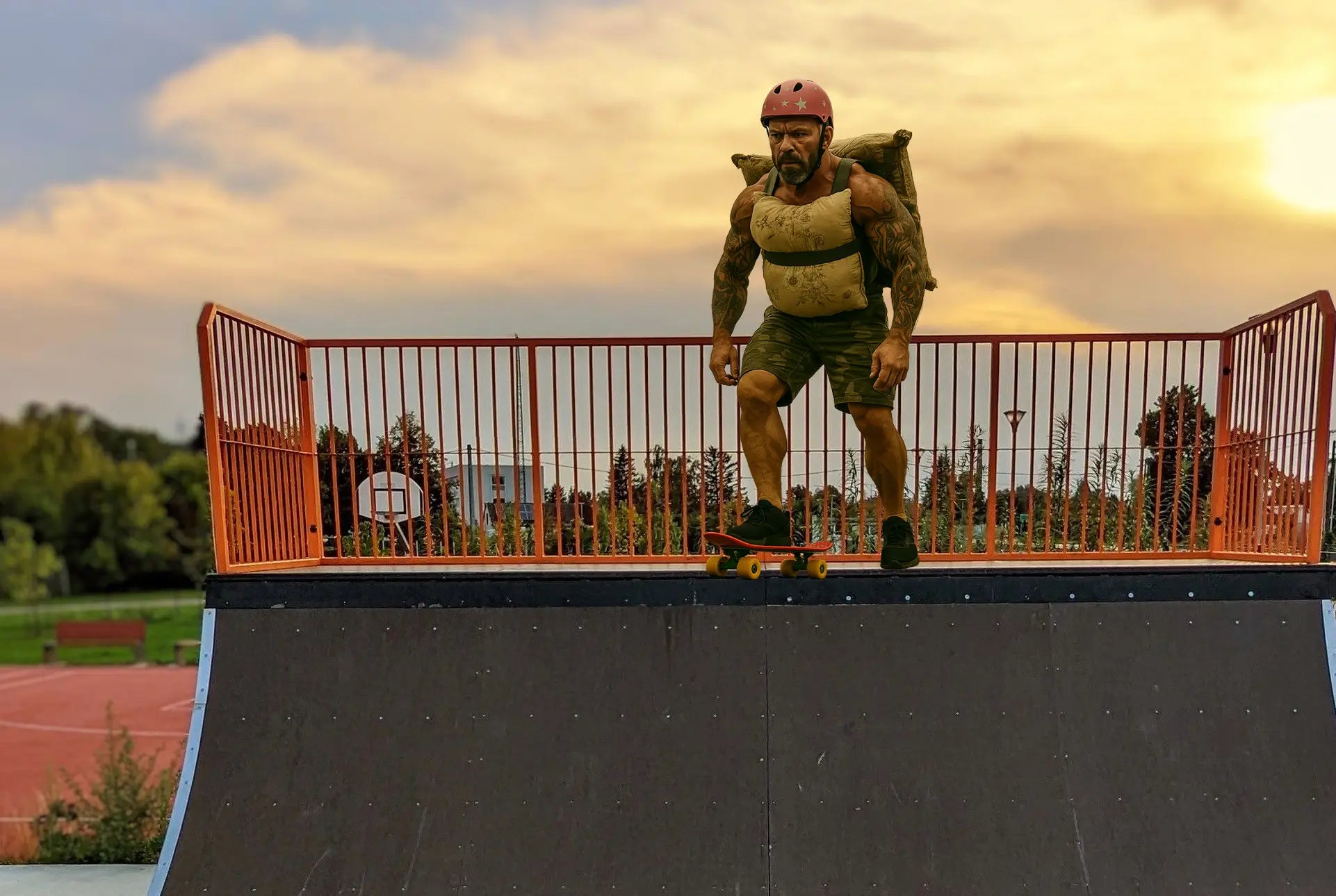 Muscular middle-aged man skateboarding down a ramp at sunset wearing a helmet, weighted vest, and rugged workout gear – symbolizing strength, vitality, and natural testosterone health over 40.