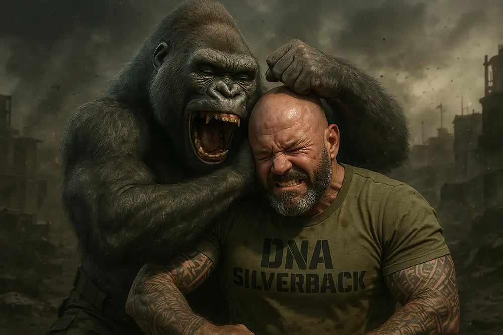 Sheldon Stringer wearing a “DNA Silverback” shirt grimacing as a roaring silverback gorilla grabs his head in a dramatic face-off — symbolising the viral “100 men vs. gorilla” debate and the strength behind natural testosterone support for men.