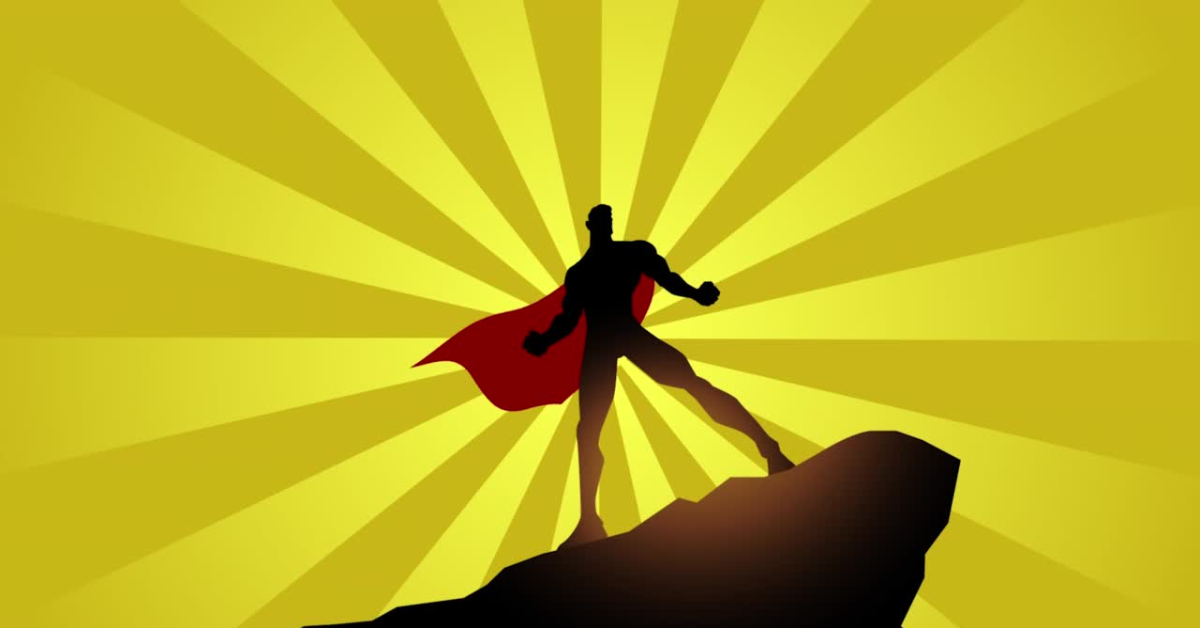 Silhouette of a superhero with a cape standing triumphantly on a mountain peak, symbolising strength, courage, and heroism