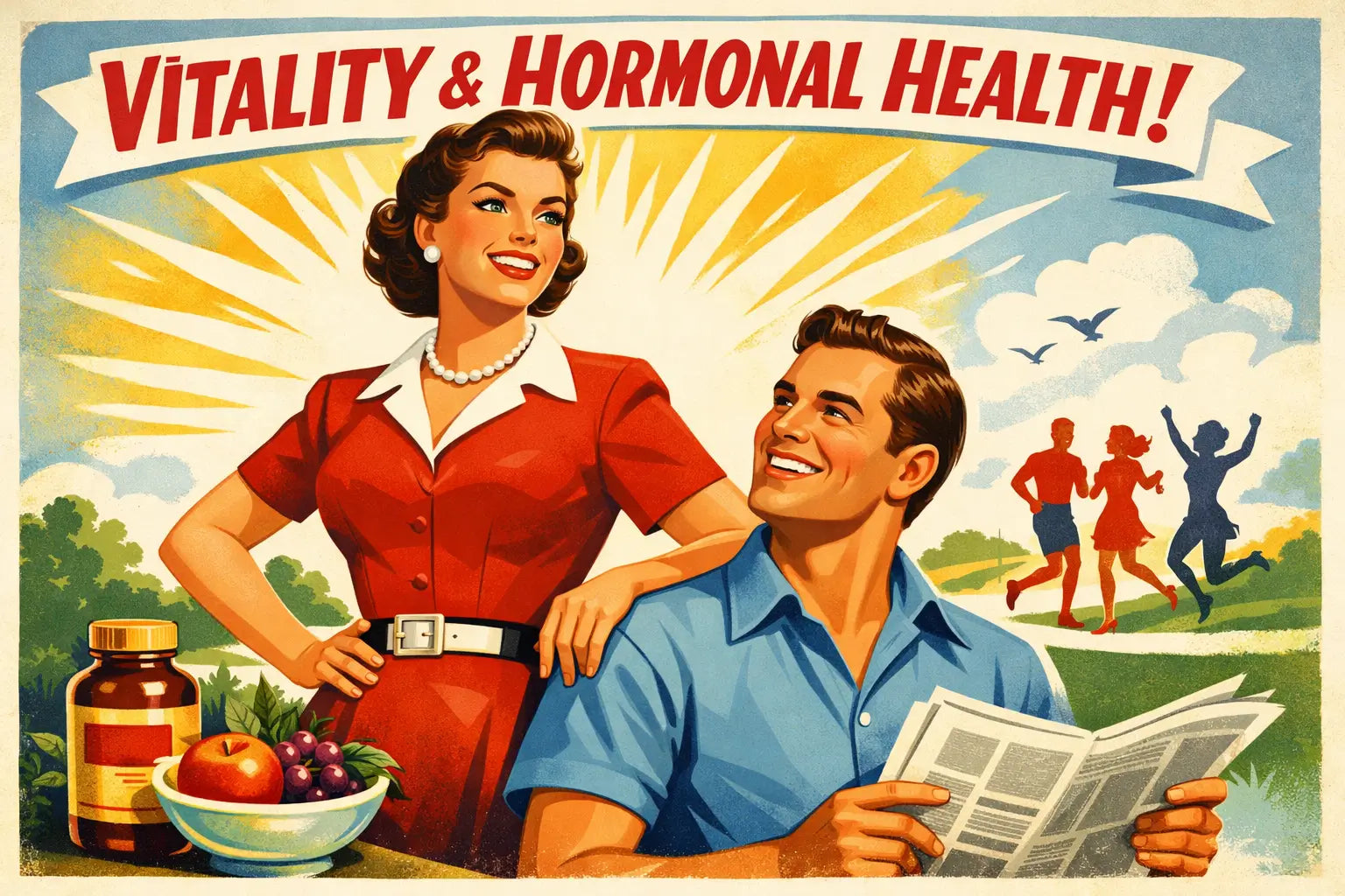 1950s-style illustration of a confident woman supporting her partner’s health, symbolising the importance of testosterone for wellbeing and longevity.