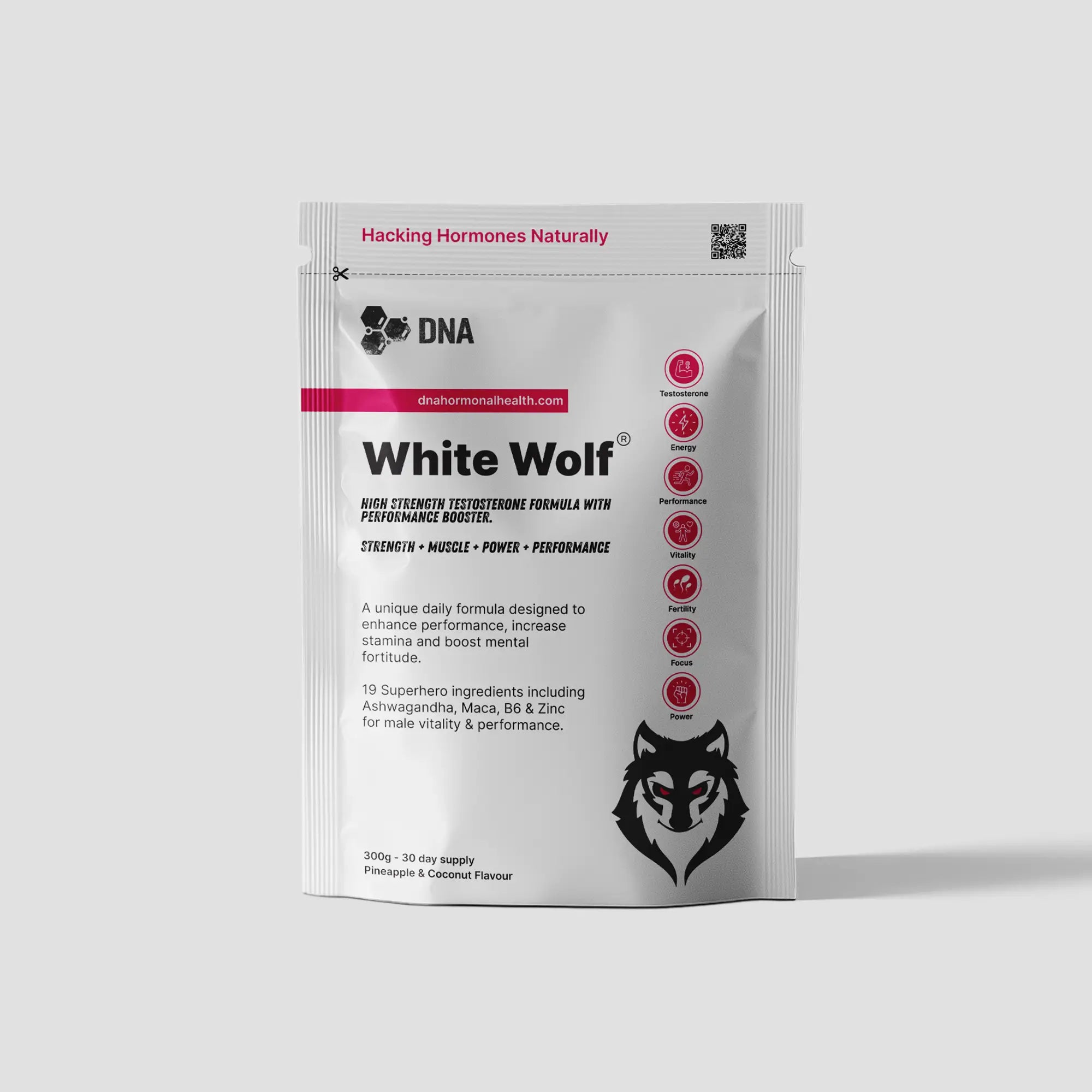 Product package of "White Wolf" by DNA Hormonal Health, a high-strength testosterone formula and performance booster. The front of the packet highlights benefits like increased testosterone, energy, performance, vitality, fertility, focus, and power. Contains 19 ingredients including Ashwagandha, Maca, B6, and Zinc, with a pineapple and coconut flavor.