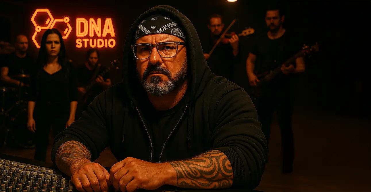 Bearded man with glasses, a hoodie, and tattooed arms sits confidently at a sound mixing console in a dark studio. Behind him, a serious-looking band of musicians is visible, including a female vocalist, guitarist, bassist, drummer, and violinist. The neon sign "DNA Studio" glows in the background, creating a bold, intense atmosphere.