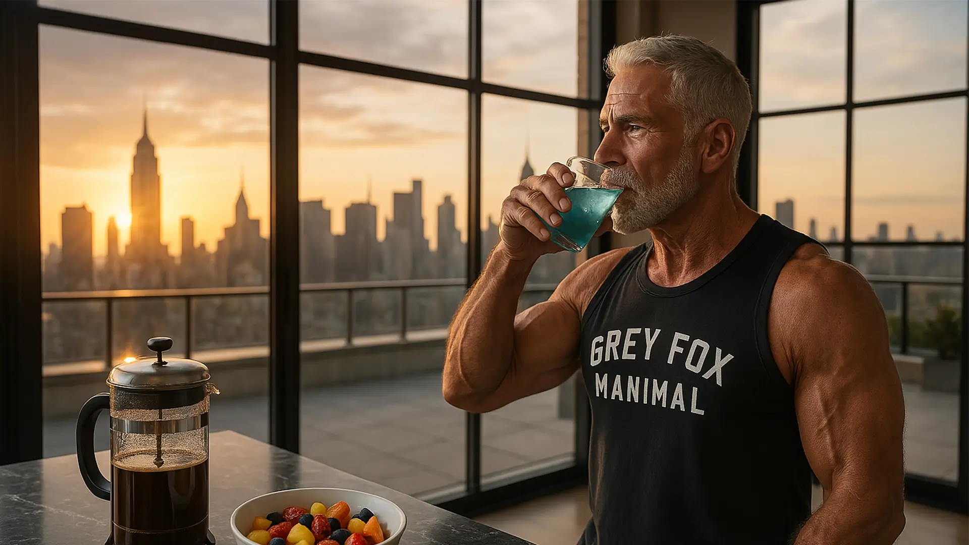 Fit, silver-haired man in his 50s wearing a "Grey Fox Manimal" tank top, drinking Grey Fox Supplement at sunrise with a city skyline in the background - representing vitality, strength, and healthy aging supported by DNA’s Grey Fox testosterone booster.
