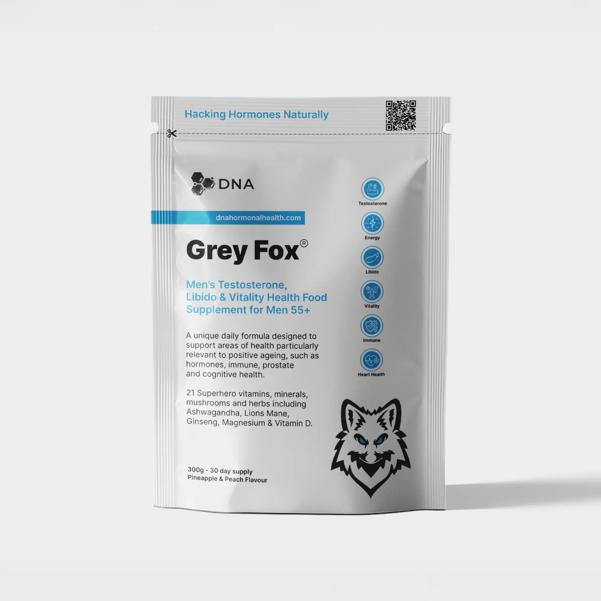 Grey Fox men’s testosterone, libido, and vitality supplement pouch by DNA Hormonal Health, formulated for men 55+, featuring a silver and blue design with benefits like energy, immune support, and healthy aging, made with Ashwagandha, Lions Mane, Ginseng, and Vitamin D.