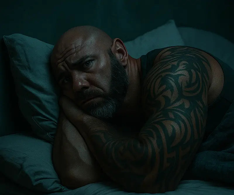 Middle-aged muscular man with tribal tattoos lying awake in bed, showing restlessness and insomnia linked to poor sleep and low testosterone in men over 40.