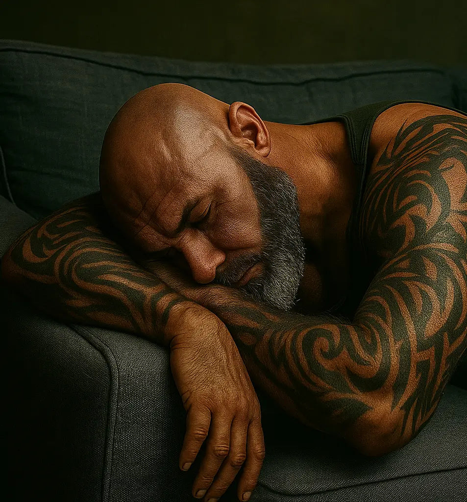 Middle-aged muscular man with tribal tattoos asleep on a sofa, symbolising extreme fatigue, low energy, and symptoms of low testosterone in men over 40