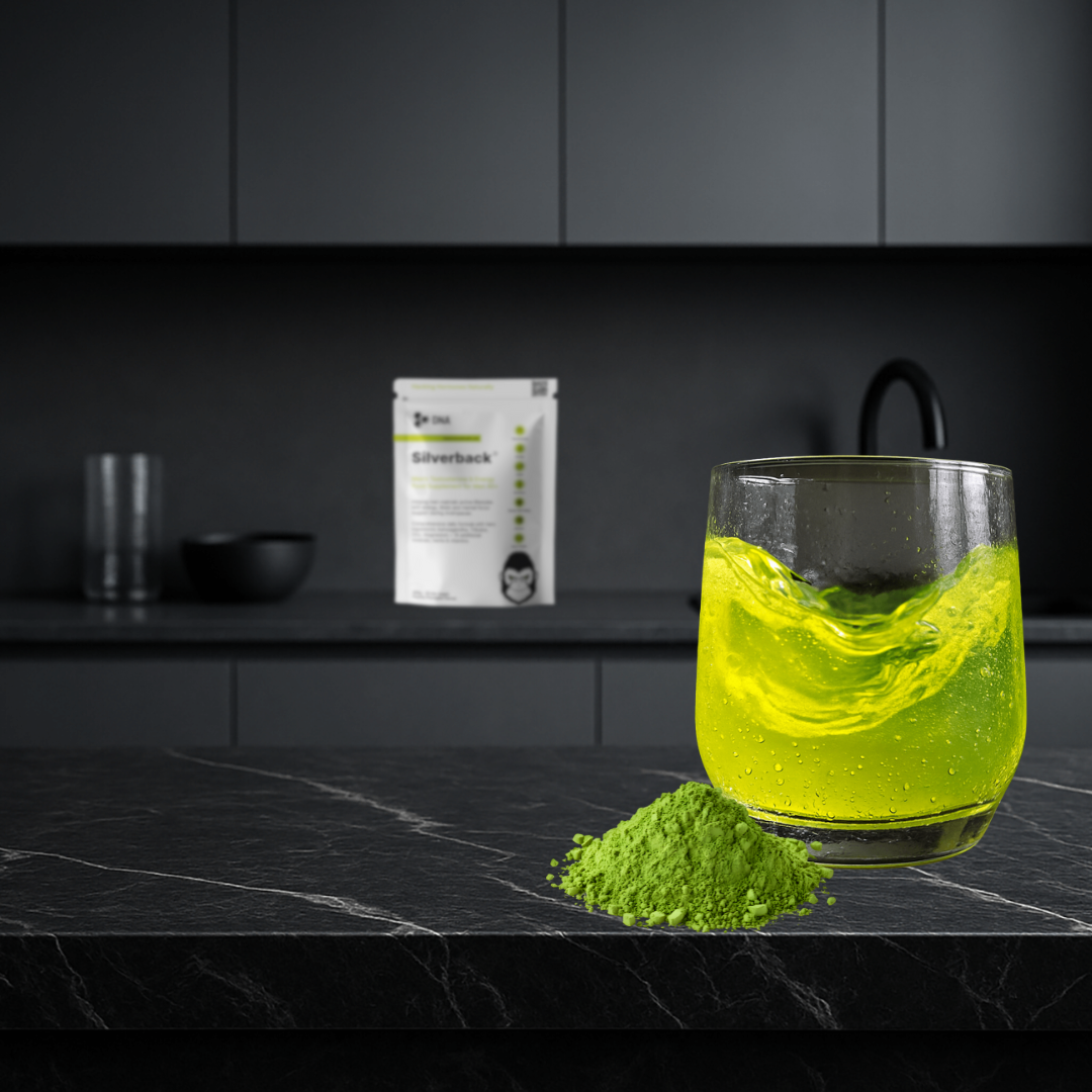 Glass of green Silverback powder-to-liquid testosterone drink with raw supplement powder on a kitchen counter, representing natural testosterone support for men over 40 and daily andropause nutrition.