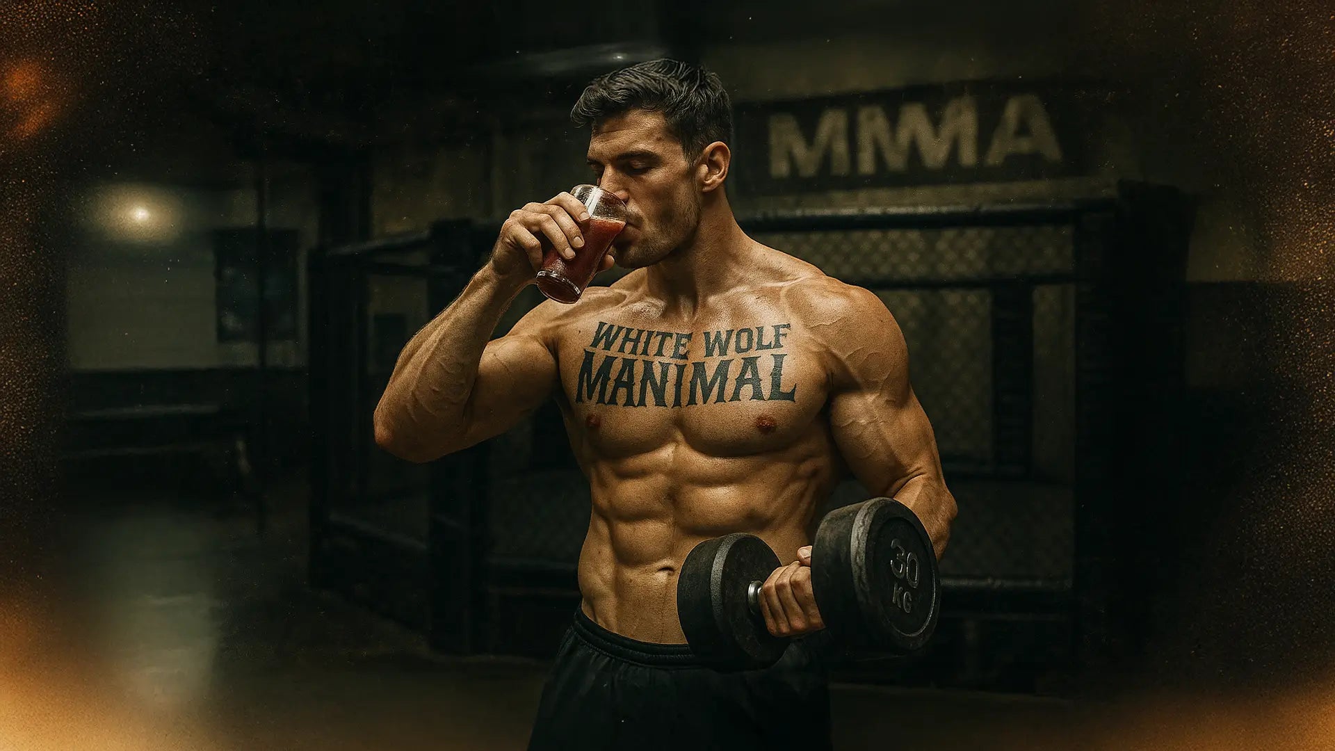 Muscular man with a "WHITE WOLF MANIMAL" tattoo lifting a 30kg dumbbell and sipping DNA's White Wolf Testosterone Supplement with Performance Support in a gym, showcasing strength and vitality enhanced by White Wolf natural testosterone booster.