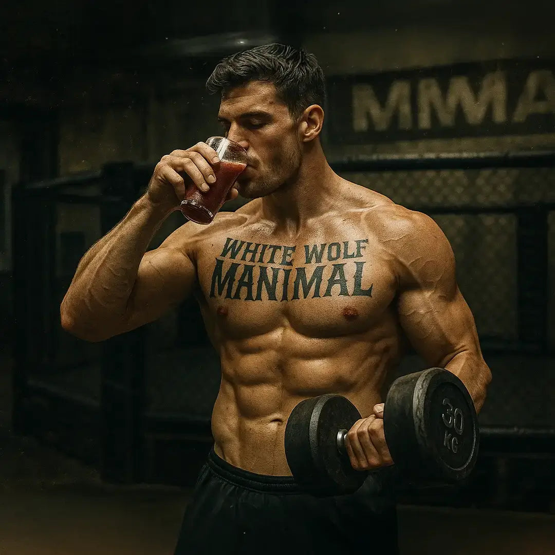 Muscular man with a "WHITE WOLF MANIMAL" tattoo lifting a 30kg dumbbell and sipping DNA's White Wolf Testosterone Supplement with Performance Support in a gym, showcasing strength and vitality enhanced by White Wolf natural testosterone booster.