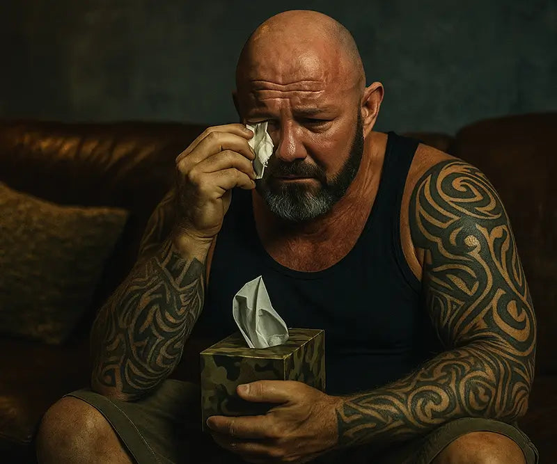 Middle-aged muscular man with tribal tattoos sitting on a sofa wiping his eyes with a tissue, representing low mood, emotional fatigue, and depression linked to low testosterone in men over 40