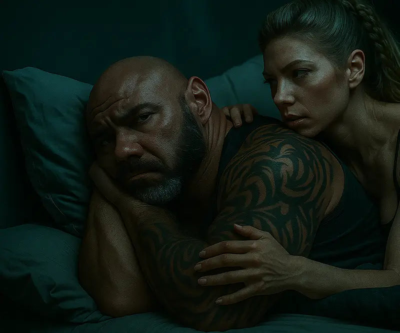 Middle-aged man with tribal tattoos lying in bed looking distant while his partner comforts him, representing low libido and relationship strain caused by low testosterone in men over 40.