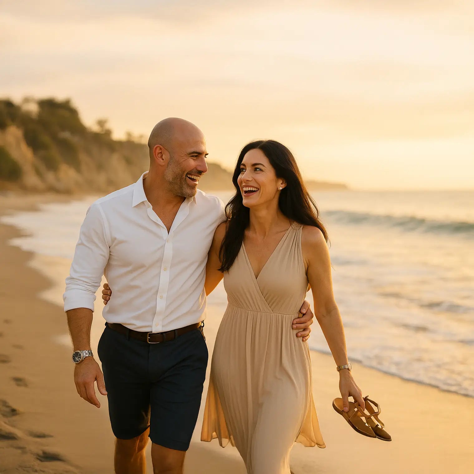 Midlife couple laughing outdoors, symbolising connection and vitality during menopause and andropause.