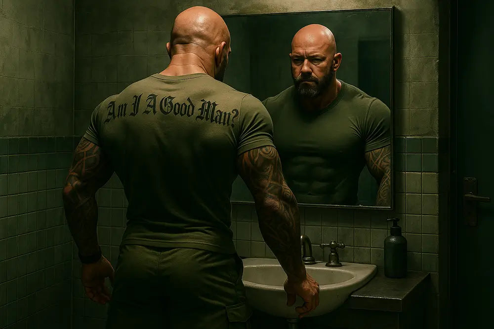 DNA Co-Founder, Sheldon Stringer with tattoos staring into mirror in dim bathroom, wearing shirt that reads 'Am I A Good Man', symbolizing self-reflection, masculinity, and natural testosterone health