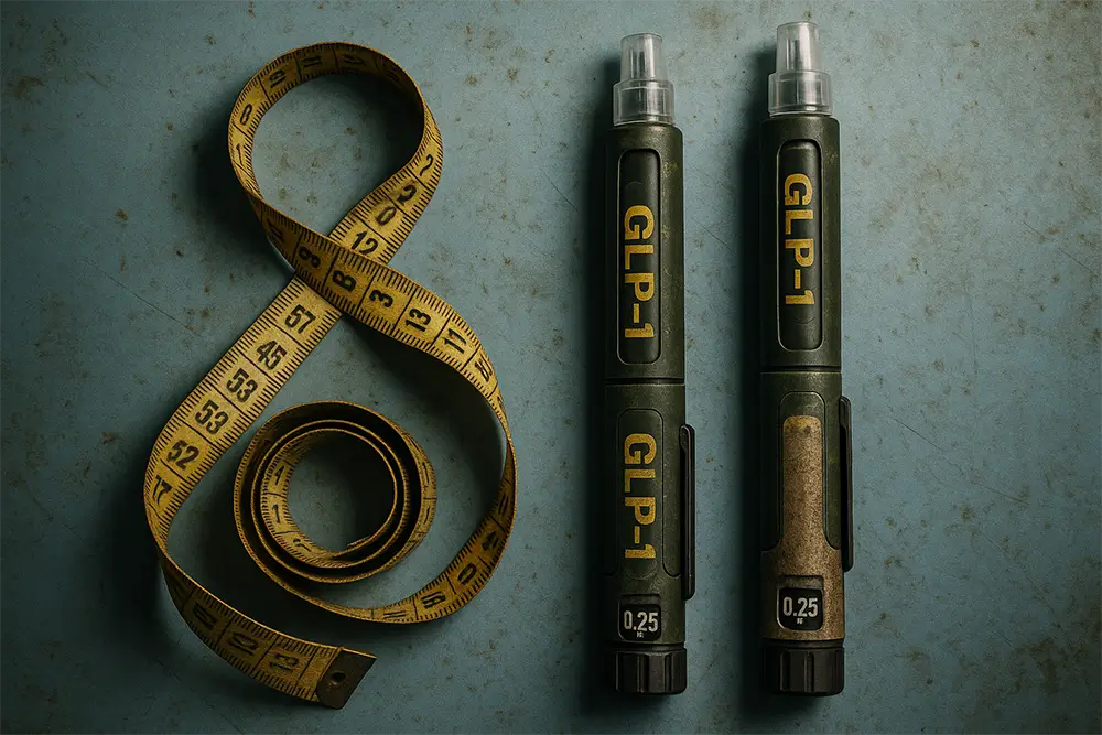 Two GLP-1 injection pens with yellow measuring tape shaped in a figure-eight, symbolizing fat loss, weight management, and hormonal health