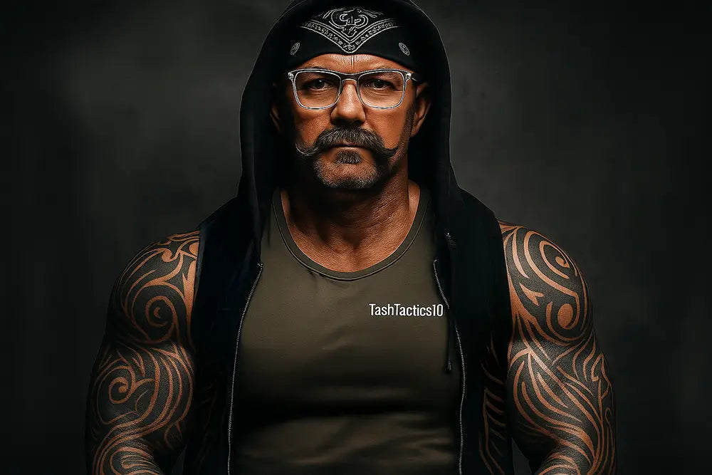 Muscular man with tribal tattoos wearing glasses, a black hoodie, and a bandana, posing confidently in a dark studio setting – TashTactics10 discount code on tank top.