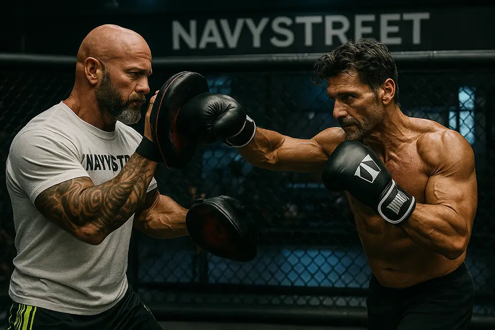 MMA fighter training with coach at Navy Street gym, wearing boxing gloves and practicing punches inside a cage"