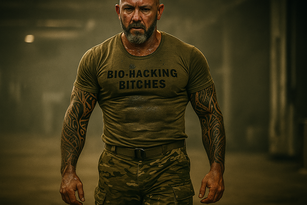 DNA Co-Founder, Sheldon Stringer in camo trousers and a “Bio-Hacking Bitches” t-shirt walking confidently in a gritty, industrial setting — symbolising strength, testosterone optimisation, and hardcore hormone support for men