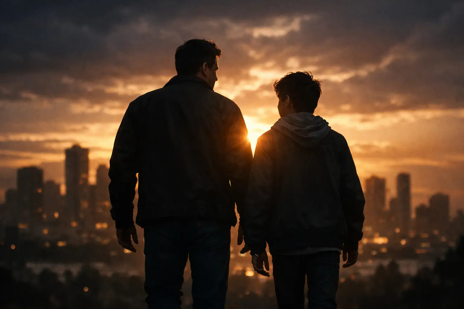 Strong father and son walking together symbolising leadership and positive male role models