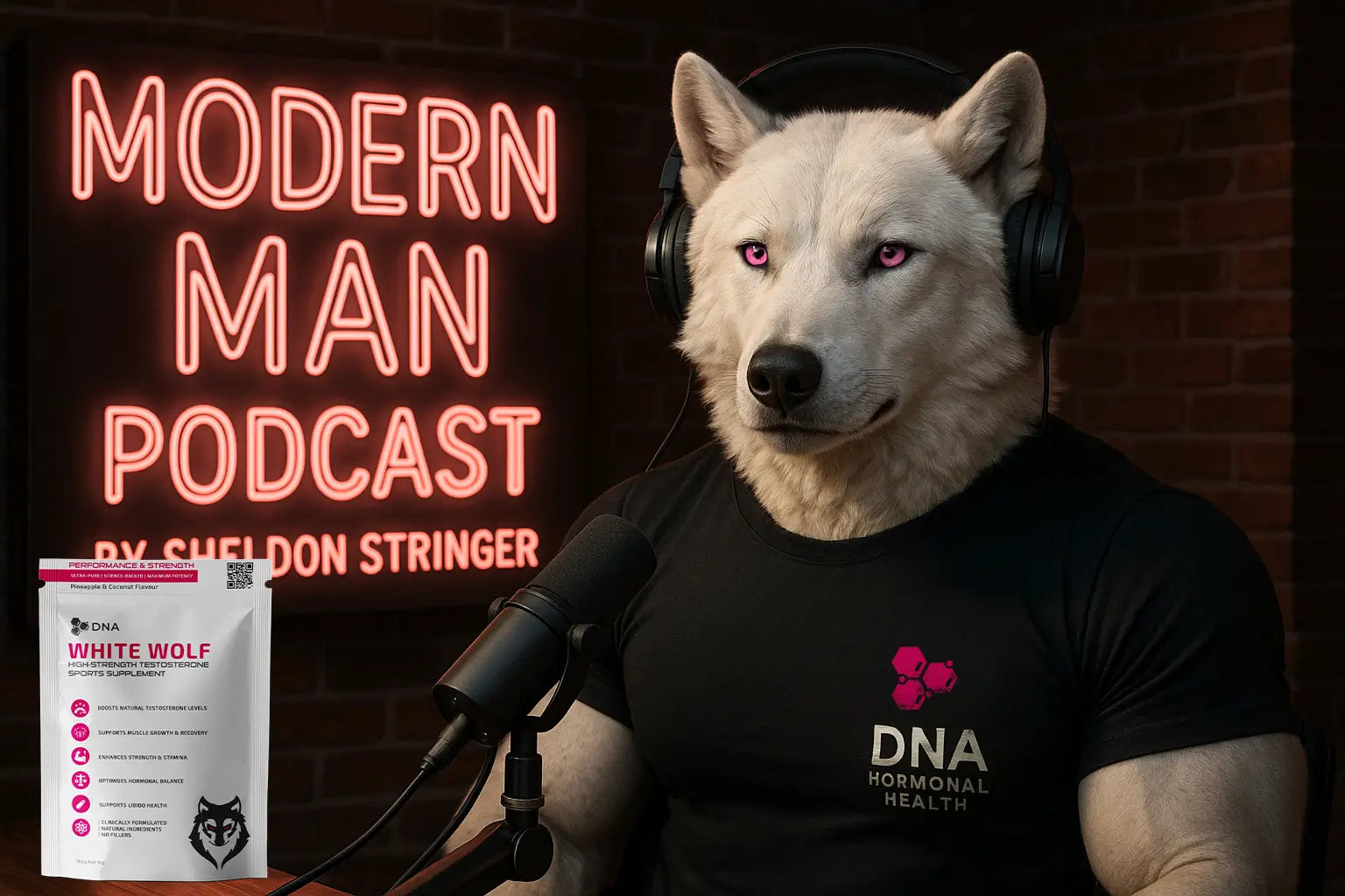 Muscular white wolf with human features wearing a DNA Hormonal Health t-shirt on the Modern Man Podcast, promoting White Wolf high-strength testosterone supplement.