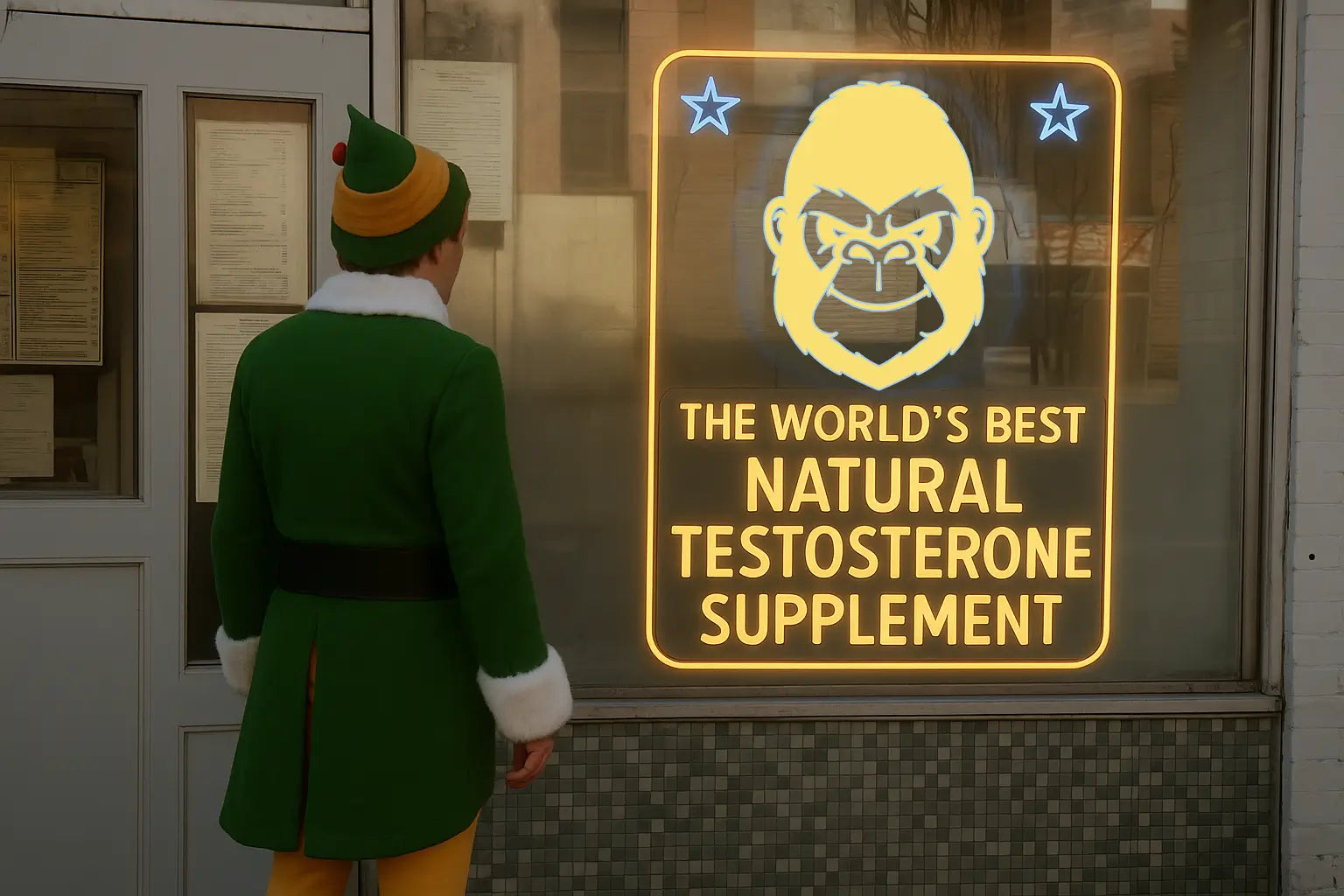 Neon sign in a diner window styled like the movie Elf, reading "The World’s Best Natural Testosterone Supplement" with a bold silverback gorilla logo replacing the coffee cup icon.