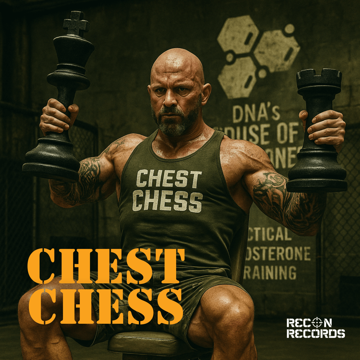 Muscular bald man in gym gear holding oversized chess pieces like dumbbells while seated on a bench. Wearing a tank top labeled "Chest Chess," he poses in a gritty gym environment with "DNA's House of Gains" and "Tactical Testosterone Training" on the wall behind him. Bold yellow text reads "CHEST CHESS," with the logo "RECON RECORDS" in the bottom right corner. The image combines fitness and strategy themes in a visually intense, masculine setting.