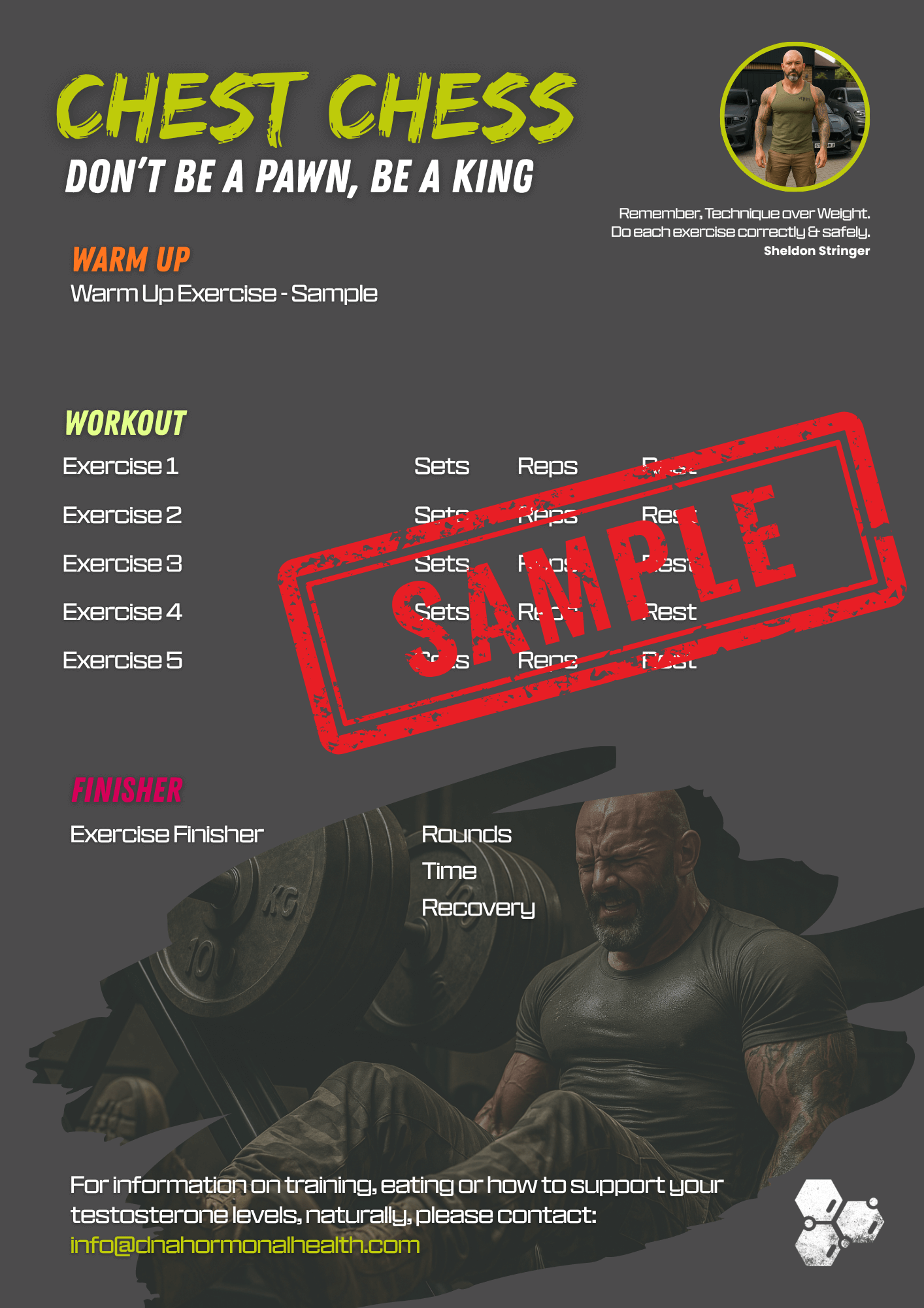 Chest Chess: Don’t Be a Pawn, Be a King" workout poster featuring a chest day training plan. The layout includes space for warm-up, five main exercises with sets, reps, and rest, and a finisher section with fields for rounds, time, and recovery. A bold red "SAMPLE" stamp is placed across the center. Motivational quote from Sheldon Stringer: "Remember, Technique over Weight. Do each exercise correctly & safely." Visuals include Sheldon in training gear and performing a heavy leg press. 