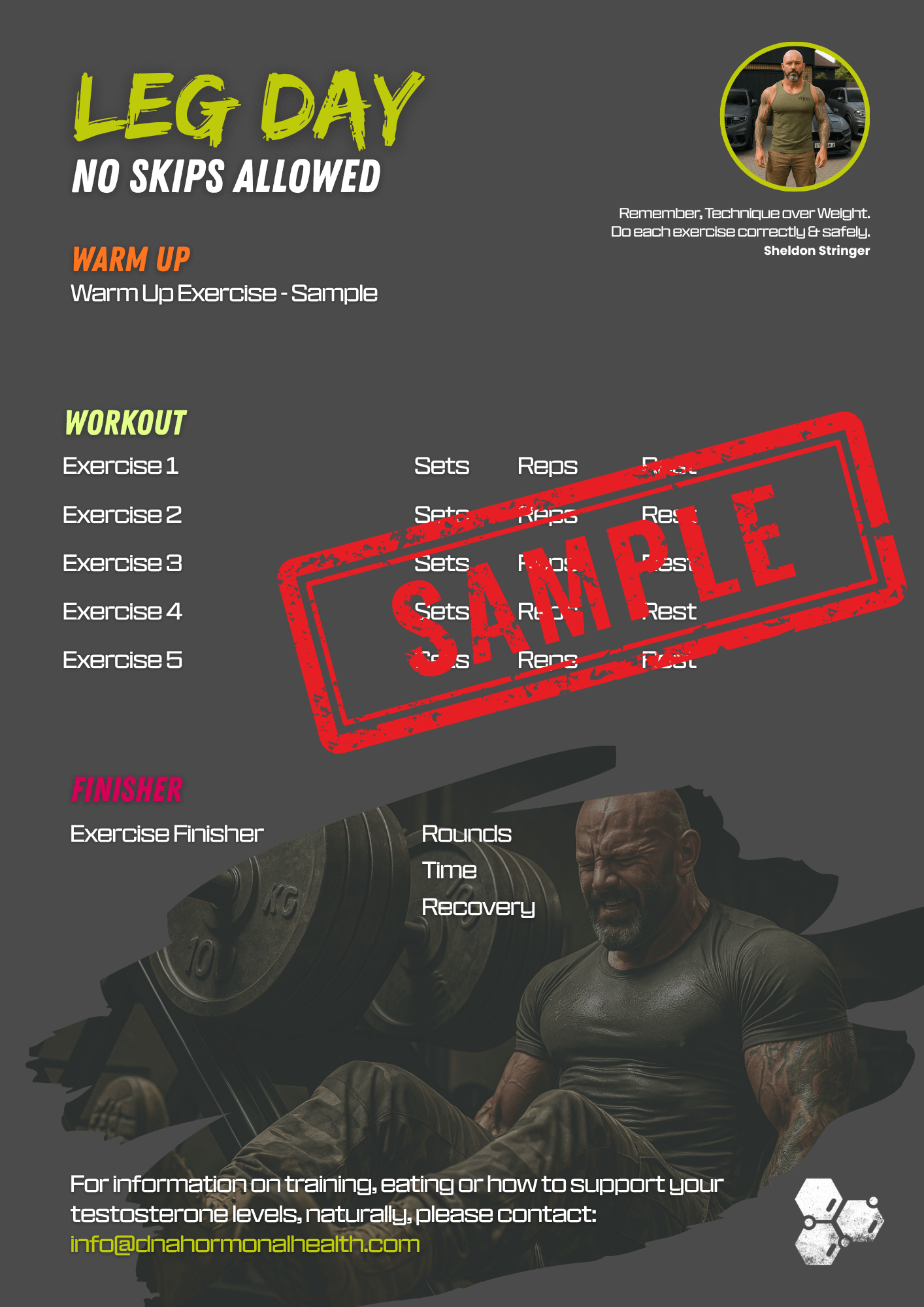 "Leg Day: No Skips Allowed" workout poster featuring a sample leg day training plan. The design includes sections for warm-up, five main exercises with space to fill in sets, reps, and rest, plus a finisher section for rounds, time, and recovery. A bold red "SAMPLE" stamp overlays the central area. The poster features fitness coach Sheldon Stringer with a motivational quote: "Remember, Technique over Weight. Do each exercise correctly & safely.