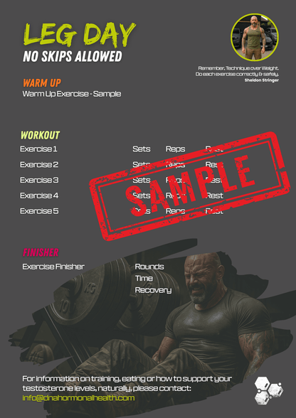 "Leg Day: No Skips Allowed" workout poster featuring a sample leg day training plan. The design includes sections for warm-up, five main exercises with space to fill in sets, reps, and rest, plus a finisher section for rounds, time, and recovery. A bold red "SAMPLE" stamp overlays the central area. The poster features fitness coach Sheldon Stringer with a motivational quote: "Remember, Technique over Weight. Do each exercise correctly & safely.