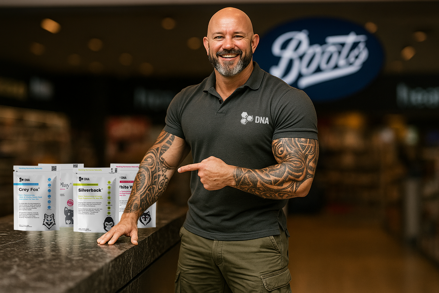 Founder of DNA Hormonal Health standing in a Boots store pointing to the Silverback, White Wolf, and Grey Fox natural testosterone supplement range, highlighting the world’s first age-specific powder-to-liquid testosterone products available at Boots.