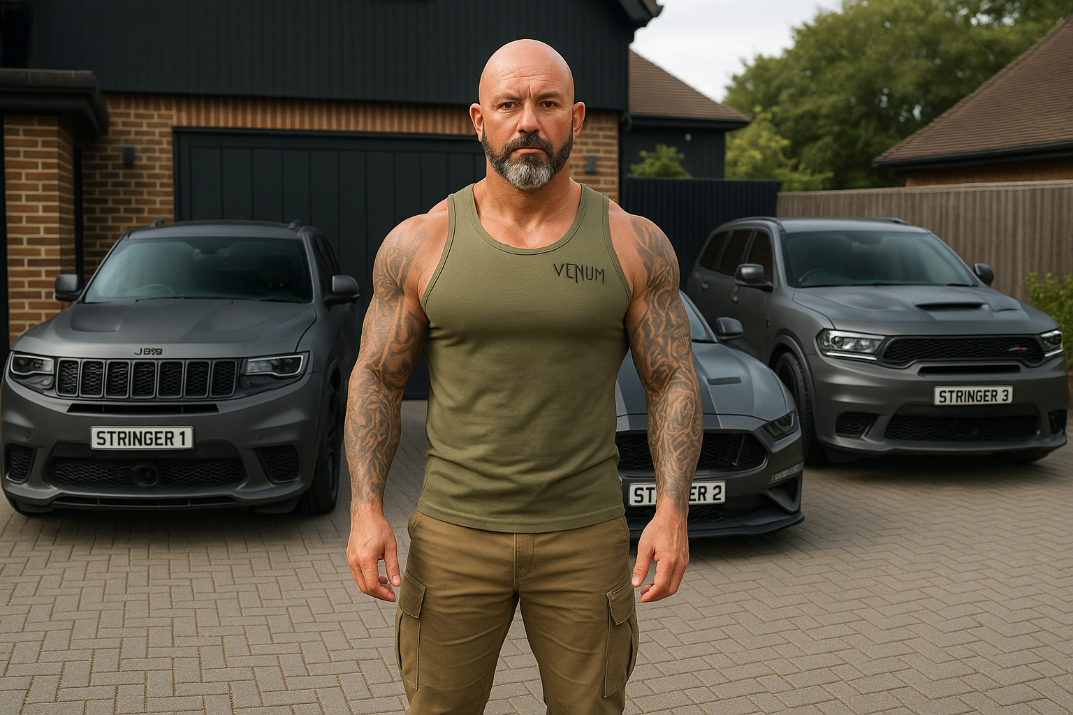 Muscular middle-aged man standing confidently in front of high-performance cars, representing strength, confidence, discipline, and vitality after 40.