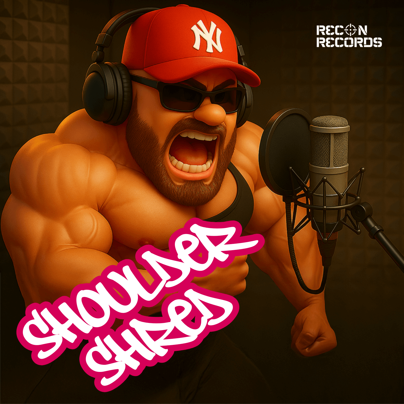 Cartoon-style muscular man wearing a red cap, sunglasses, and headphones screams passionately into a studio mic, showcasing extreme energy. "Shoulder Shred" is written in bold graffiti-style text, with the Recon Records logo in the corner. Perfect visual for intense workout music or shoulder day training motivation.