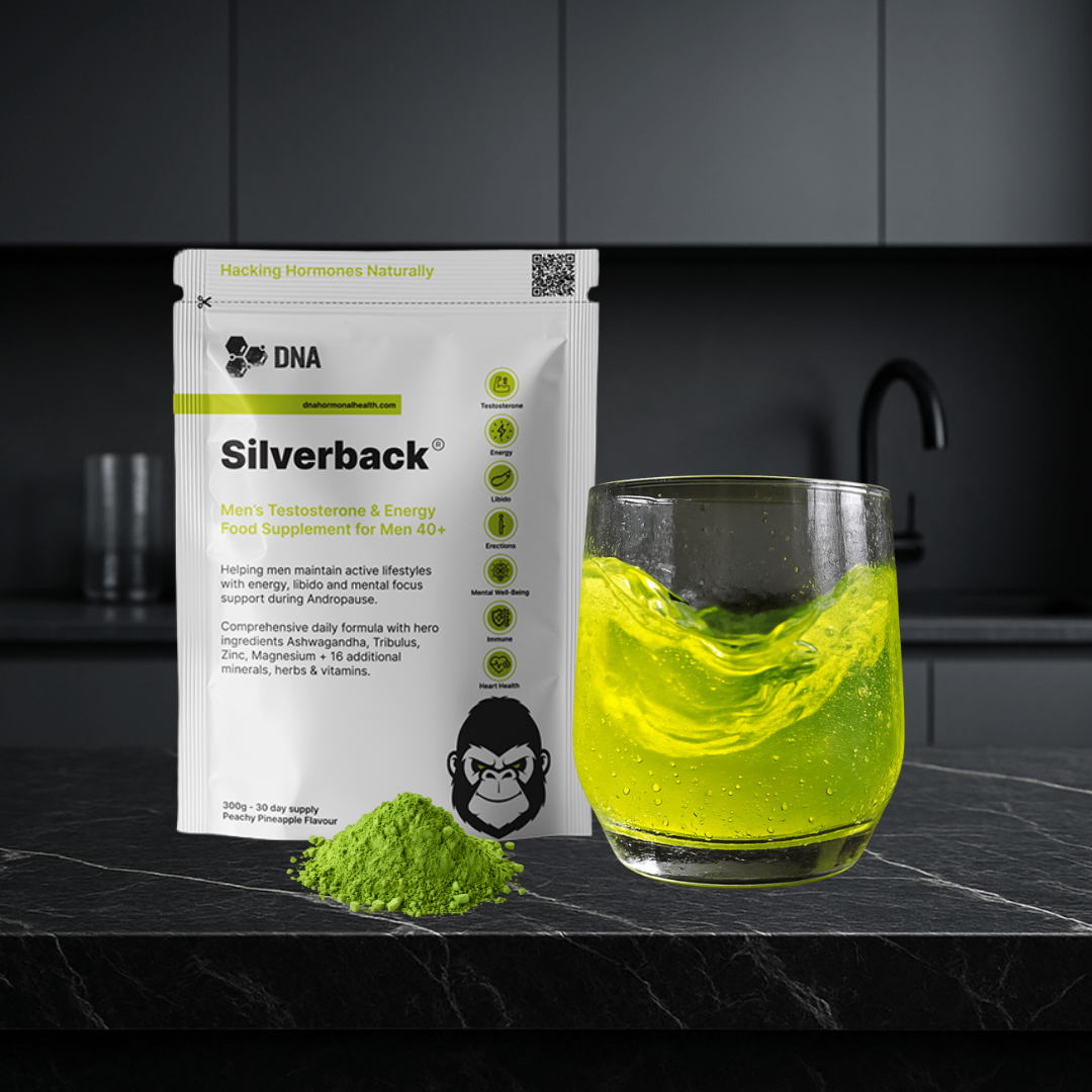Silverback powder-to-liquid natural testosterone supplement by DNA Hormonal Health for men over 40, shown as green powder and mixed drink, supporting energy, sleep quality, mood, libido, strength, and andropause support as a natural alternative to TRT.