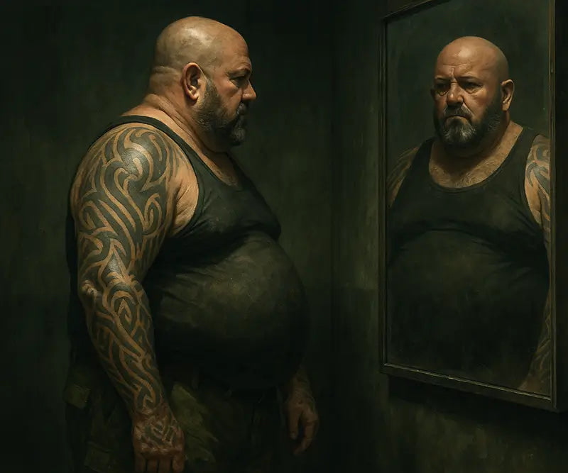 Middle-aged man with tribal tattoos looking at his reflection in the mirror, showing weight gain and loss of muscle tone linked to low testosterone after 40