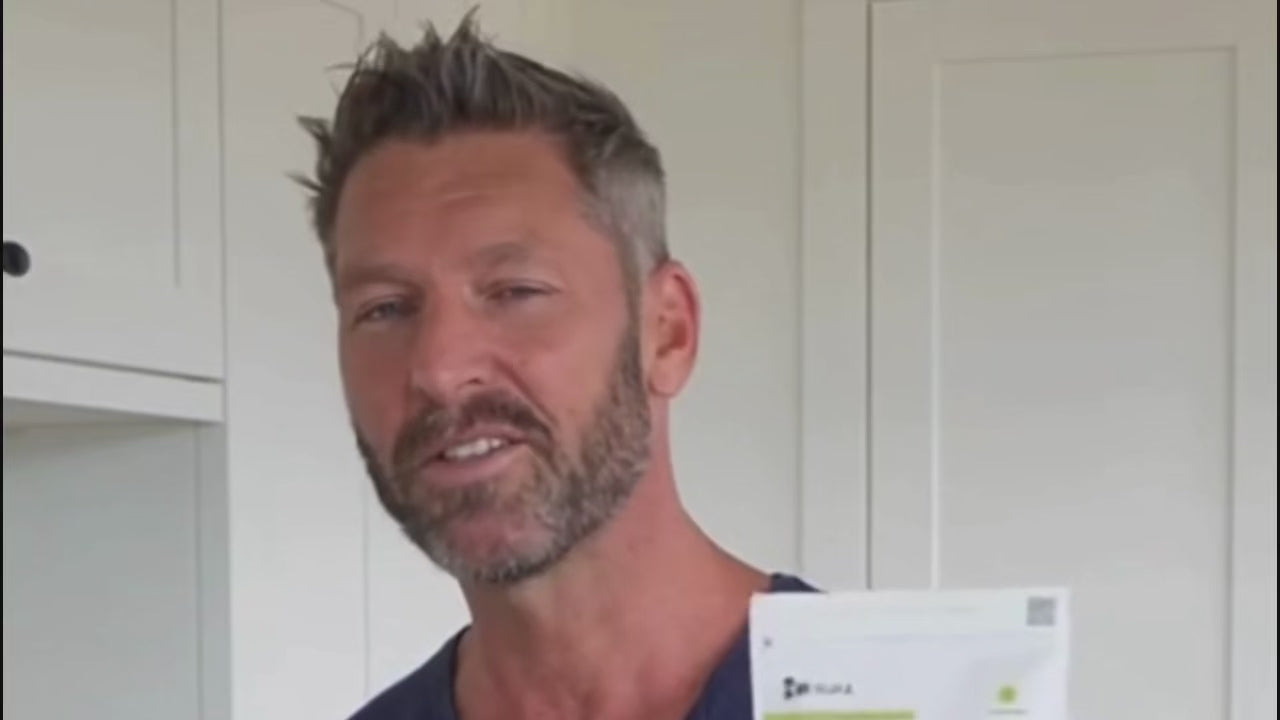 Load video: Customer testimonial image showing Luke D, age 47, Silverback user for 16 months, with five-star Reviews.io rating, sharing positive results from a natural testosterone supplement.